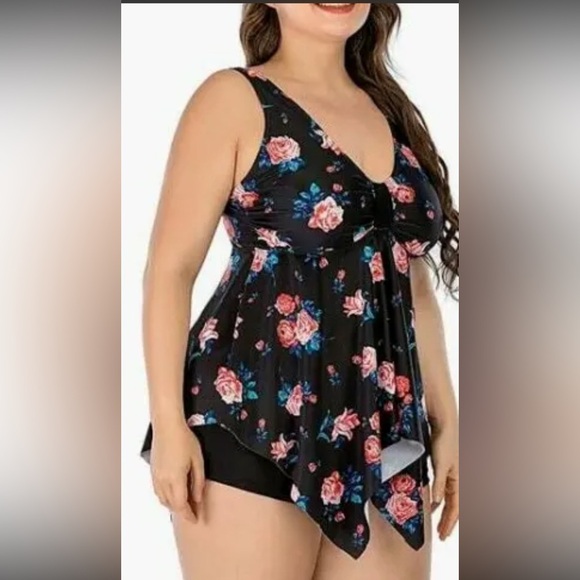 ESPRLIA Plus Size Tankini Two-Piece Ruffled Bathing Suit | Black Floral | NEW!! - Picture 2 of 6